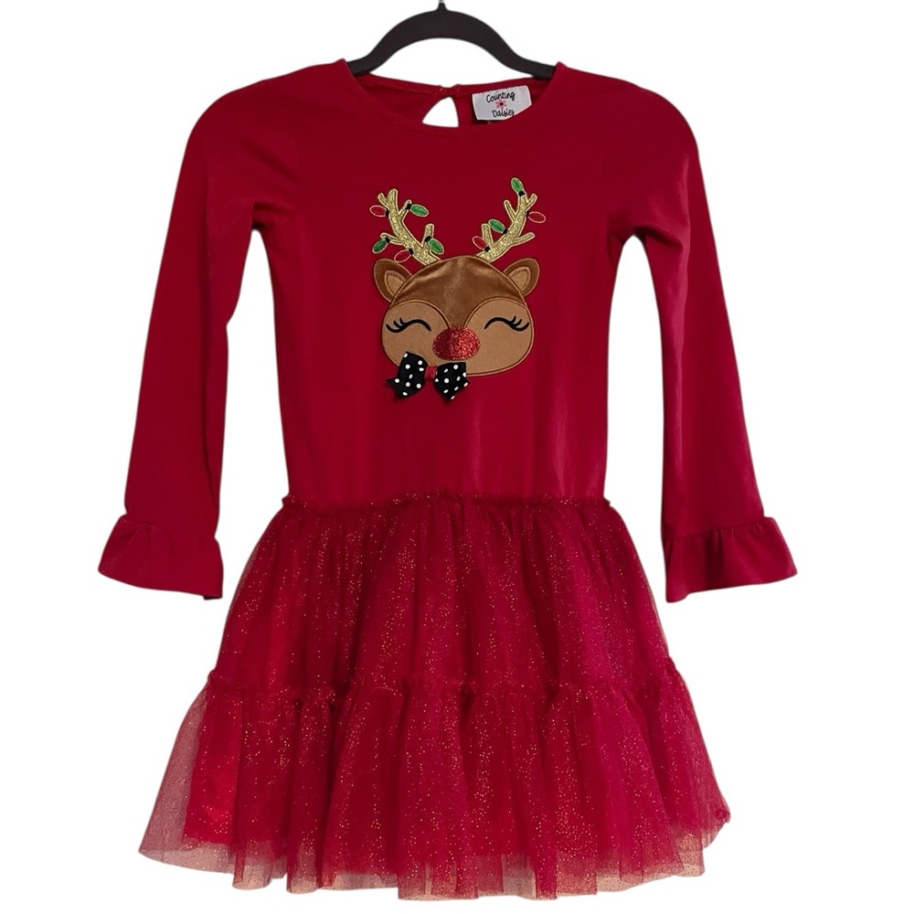 Counting Daisies Girls Size 8 Red Tulle Christmas Dress Reindeer Holiday
